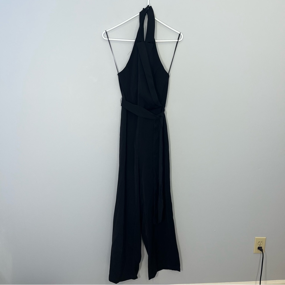 NEW Dress Forum Jumpsuit Womens Small Black Halter Smocked Wide Leg Belt Tie